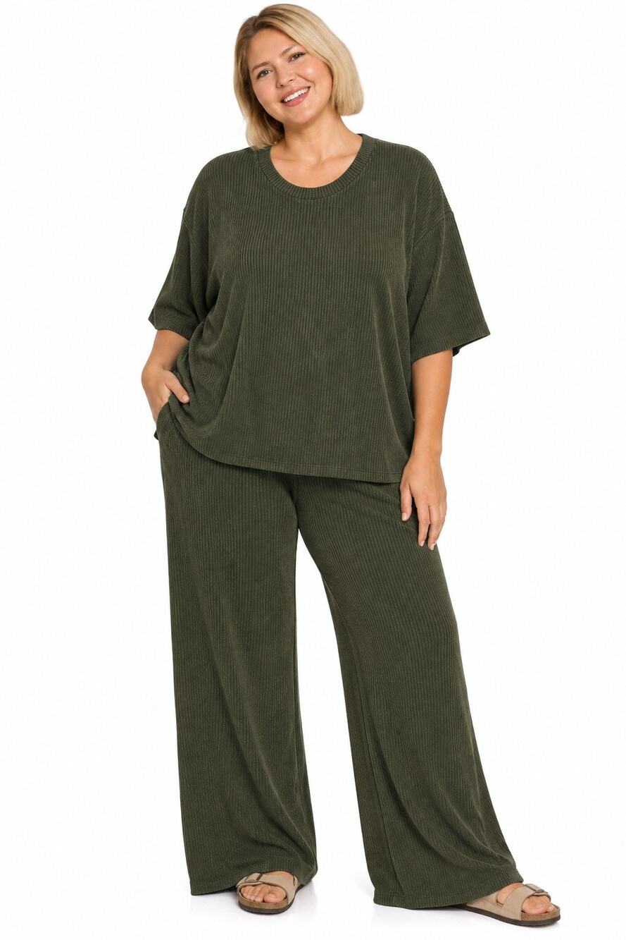 Zenana Olive Green Ribbed Two-Piece Wide Leg Set – Size 3X